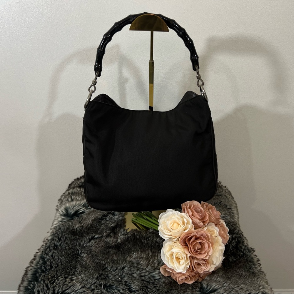 Gucci Bamboo Vintage Black /Dk BRN Nylon Leather Hobo Bag COA